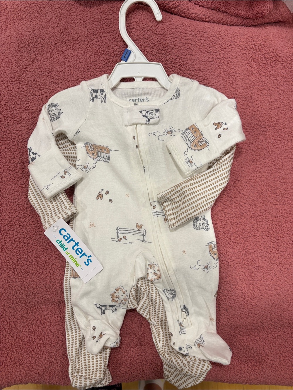 Carter's Cream Farm Animal Zip-Front Footed One-Piece